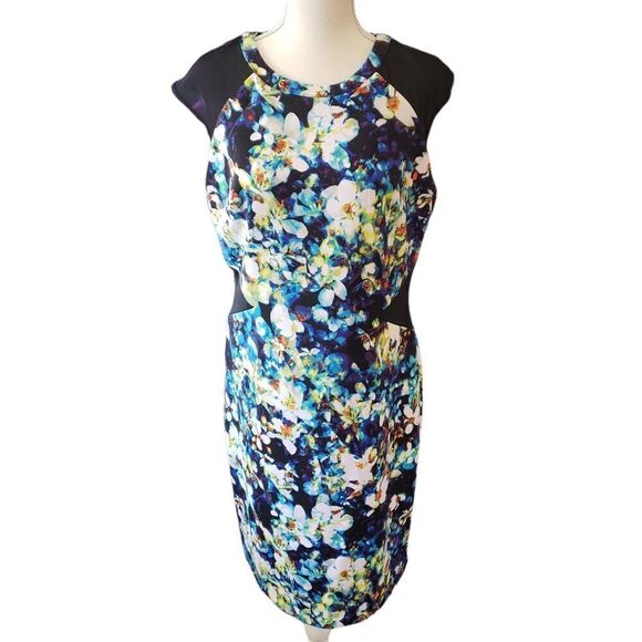 Worthington Abstract Floral Print Mesh Cap Sleeves Sheath Dress Sz 12 - Picture 1 of 15